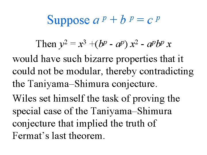 Suppose a p + b p = c p Then y 2 = x