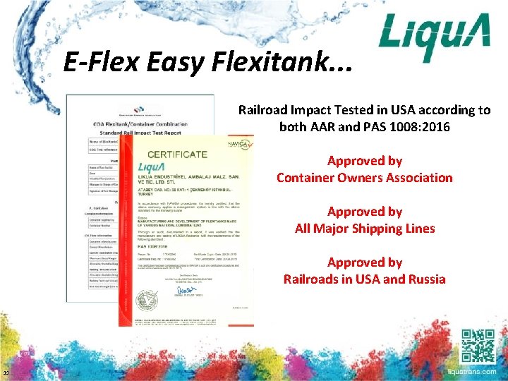 E-Flex Easy Flexitank. . . Railroad Impact Tested in USA according to both AAR