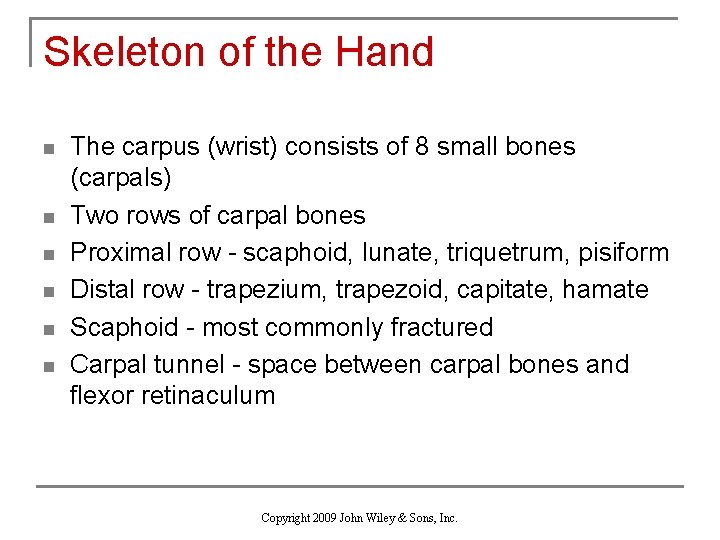 Skeleton of the Hand n n n The carpus (wrist) consists of 8 small