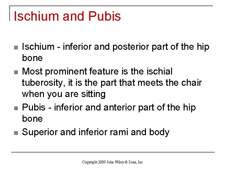 Ischium and Pubis n n Ischium - inferior and posterior part of the hip