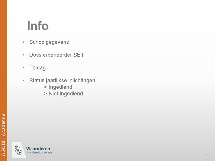 Info • Schoolgegevens • Dossierbeheerder SBT • Teldag Ag. ODi -- Academie AGODI Academie