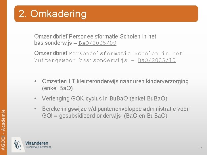 2. Omkadering Omzendbrief Personeelsformatie Scholen in het basisonderwijs – Ba. O/2005/09 Omzendbrief Personeelsformatie Scholen