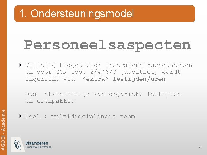 1. Ondersteuningsmodel Personeelsaspecten Volledig budget voor ondersteuningsnetwerken en voor GON type 2/4/6/7 (auditief) wordt