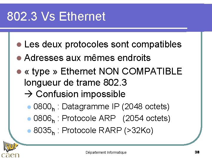 802. 3 Vs Ethernet l Les deux protocoles sont compatibles l Adresses aux mêmes