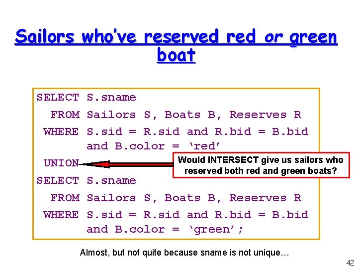 Sailors who’ve reserved red or green boat SELECT S. sname FROM Sailors S, Boats
