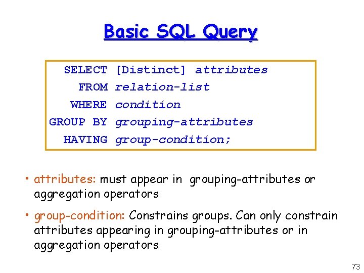 Basic SQL Query SELECT FROM WHERE GROUP BY HAVING [Distinct] attributes relation-list condition grouping-attributes