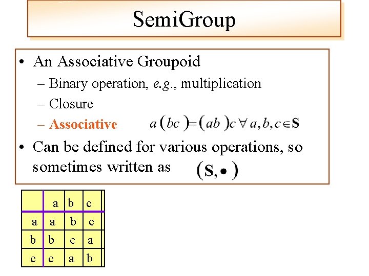 Semi. Group • An Associative Groupoid – Binary operation, e. g. , multiplication –