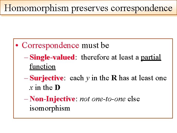 Homomorphism preserves correspondence • Correspondence must be – Single-valued: Single-valued therefore at least a