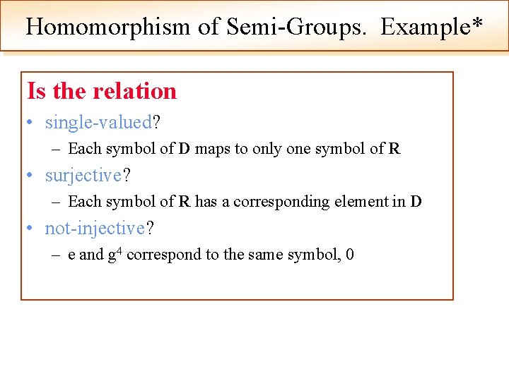 Homomorphism of Semi-Groups. Example* Is the relation • single-valued? – Each symbol of D