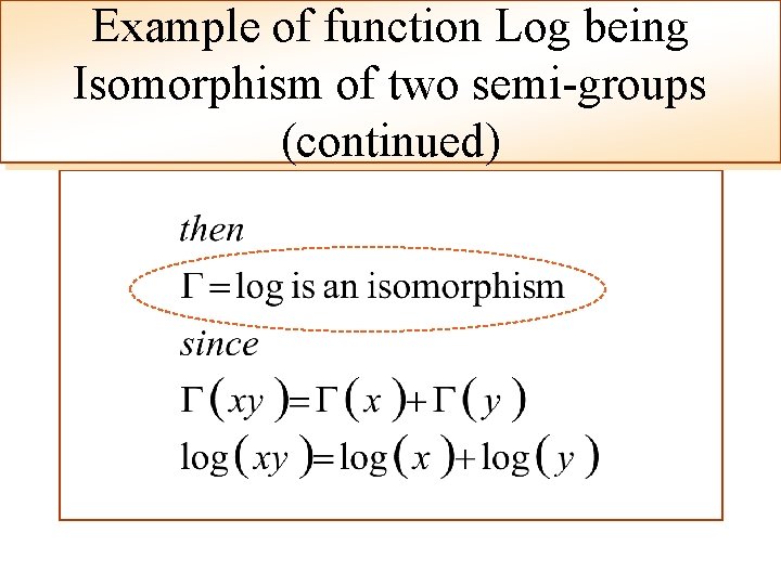 Example of function Log being Isomorphism of two semi-groups Isomorphism Example (continued) 