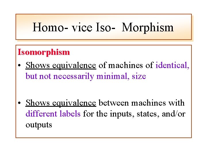 Homo- vice Iso- Morphism Isomorphism • Shows equivalence of machines of identical, but not