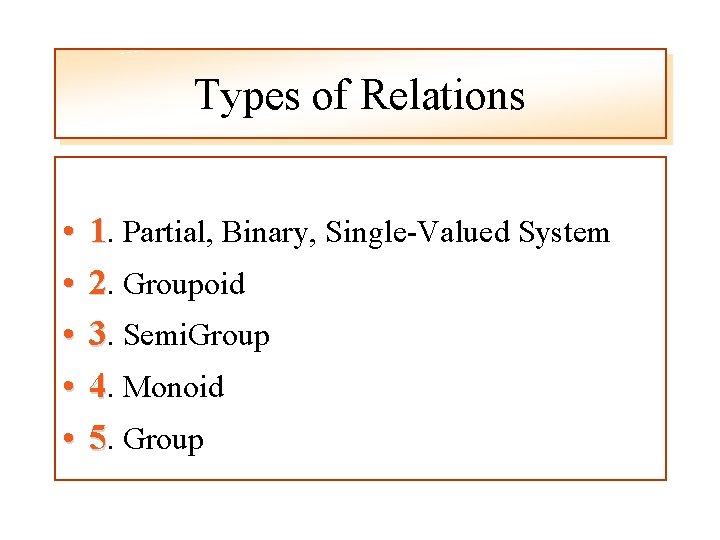 Types of Relations • • • 1. Partial, Binary, Single-Valued System 2. Groupoid 3.