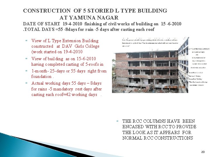 CONSTRUCTION OF 5 STORIED L TYPE BUILDING AT YAMUNA NAGAR DATE OF START 19