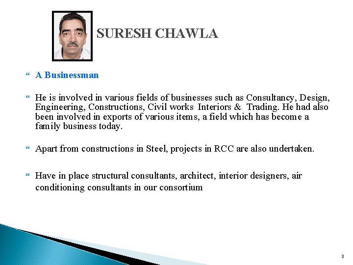 SURESH CHAWLA A Businessman He is involved in various fields of businesses such as