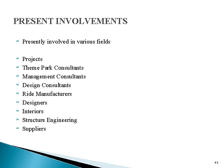 PRESENT INVOLVEMENTS Presently involved in various fields Projects Theme Park Consultants Management Consultants Design