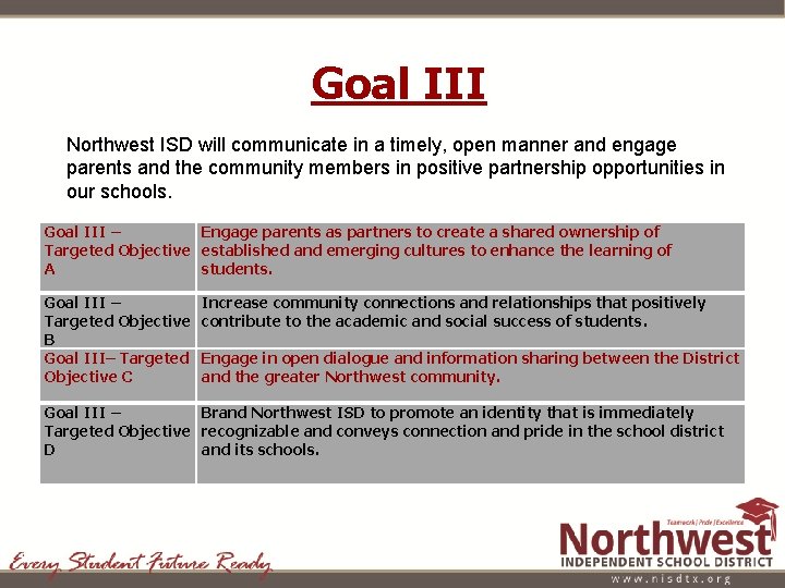 Goal III Northwest ISD will communicate in a timely, open manner and engage parents