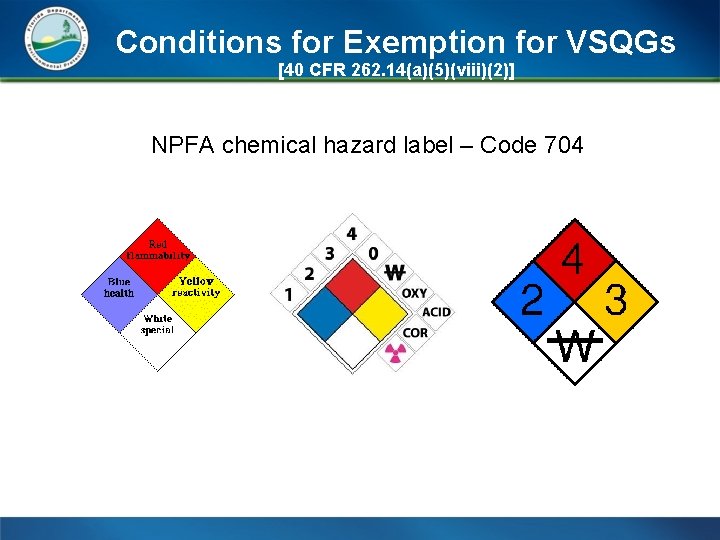 Conditions for Exemption for VSQGs [40 CFR 262. 14(a)(5)(viii)(2)] NPFA chemical hazard label –