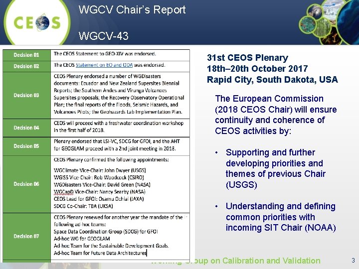 WGCV Chair’s Report WGCV-43 31 st CEOS Plenary 18 th– 20 th October 2017