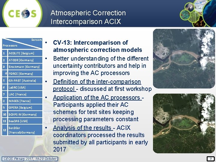 Atmospheric Correction Intercomparison ACIX Sensors Processors 1 ACOLITE [Belgium] 2 ATCOR [Germany] 3 Brockmann