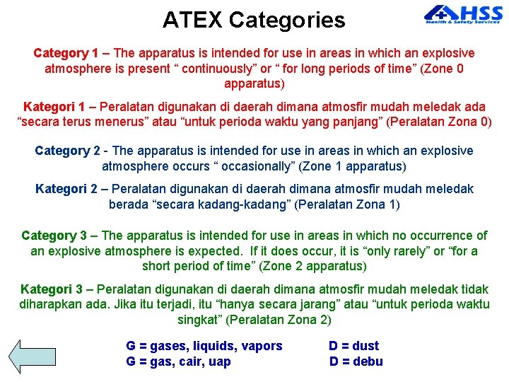 ATEX Categories Category 1 – The apparatus is intended for use in areas in