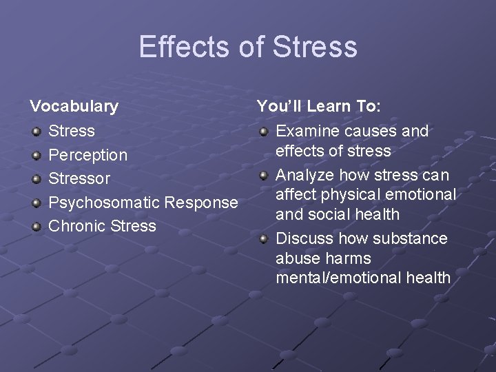 Effects of Stress Vocabulary Stress Perception Stressor Psychosomatic Response Chronic Stress You’ll Learn To: