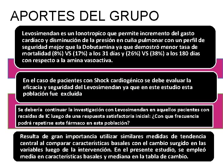 APORTES DEL GRUPO Levosimendan es un Ionotropico que permite incremento del gasto cardíaco y