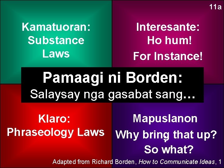 11 a Kamatuoran: Substance Laws Interesante: Ho hum! For Instance! Pamaagi ni Borden: Salaysay