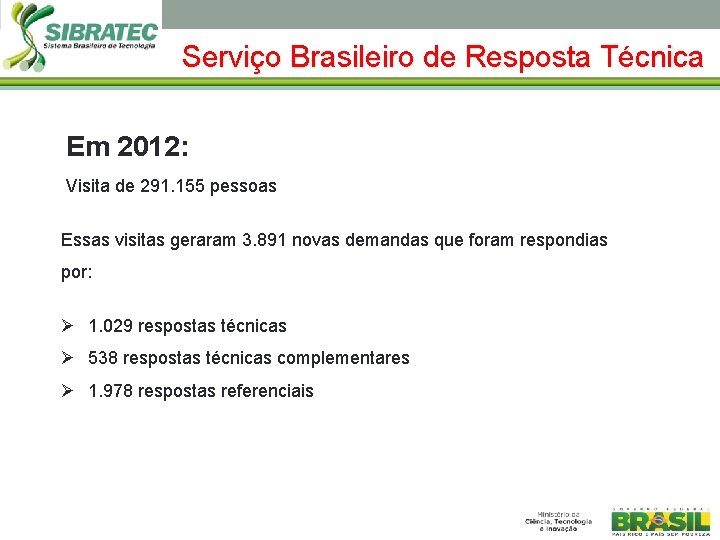 Serviço Brasileiro de Resposta Técnica Em 2012: Visita de 291. 155 pessoas Essas visitas