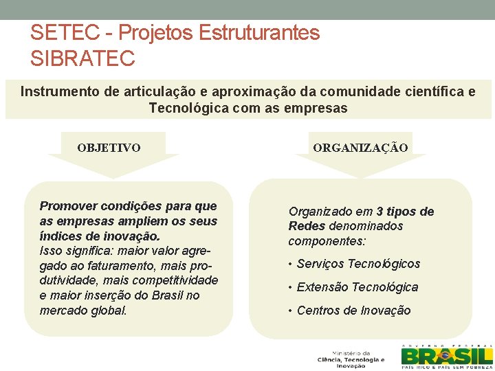 SETEC - Projetos Estruturantes SIBRATEC Instrumento de articulação e aproximação da comunidade científica e