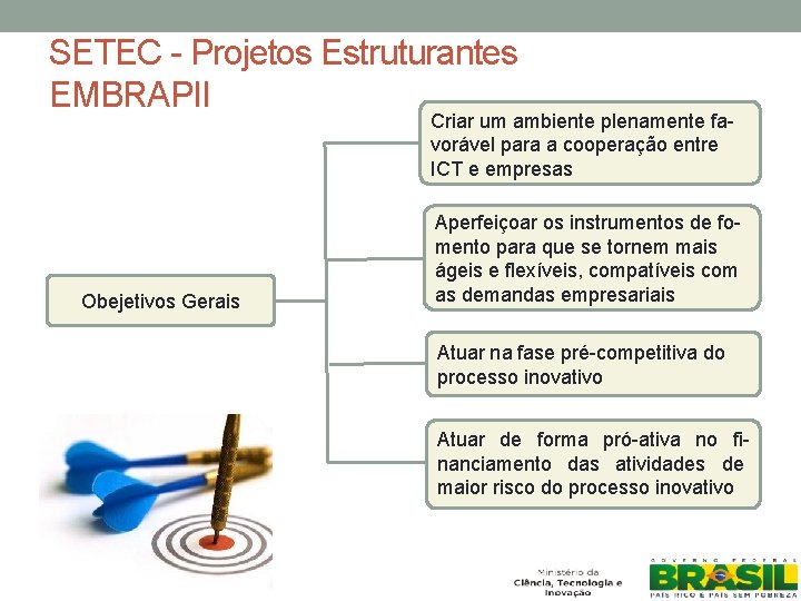 SETEC - Projetos Estruturantes EMBRAPII Criar um ambiente plenamente favorável para a cooperação entre