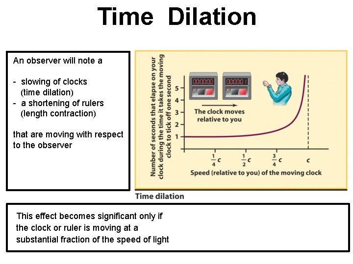 Time Dilation An observer will note a - slowing of clocks (time dilation) -