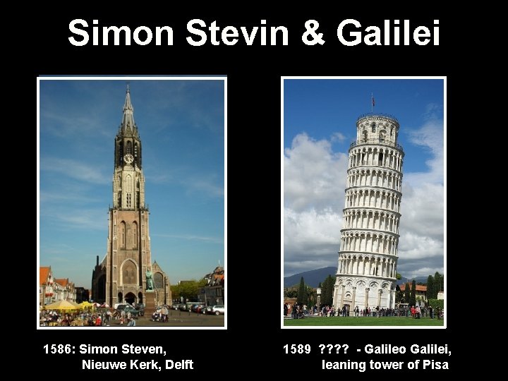 Simon Stevin & Galilei 1586: Simon Steven, Nieuwe Kerk, Delft 1589 ? ? -