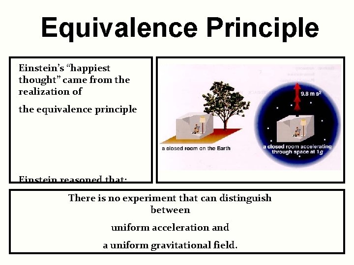 Equivalence Principle Einstein’s “happiest thought” came from the realization of the equivalence principle Einstein