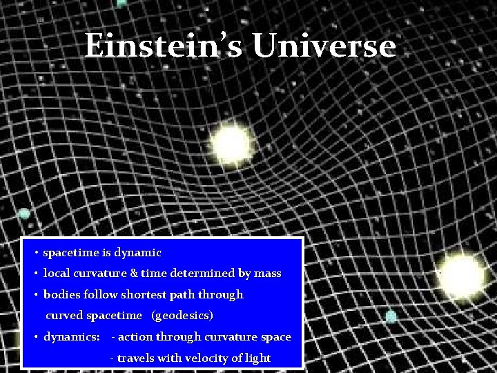 Einstein’s Universe • spacetime is dynamic • local curvature & time determined by mass