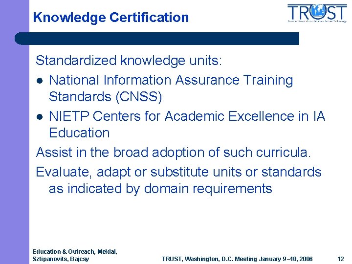 Knowledge Certification Standardized knowledge units: l National Information Assurance Training Standards (CNSS) l NIETP Knowledge Certification Standardized knowledge units: l National Information Assurance Training Standards (CNSS) l NIETP