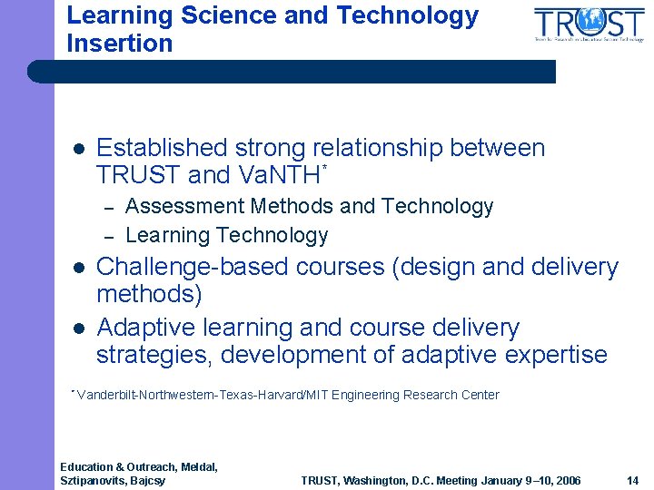 Learning Science and Technology Insertion l Established strong relationship between TRUST and Va. NTH* Learning Science and Technology Insertion l Established strong relationship between TRUST and Va. NTH*