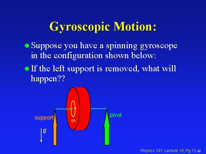 Gyroscopic Motion: l Suppose you have a spinning gyroscope in the configuration shown below: