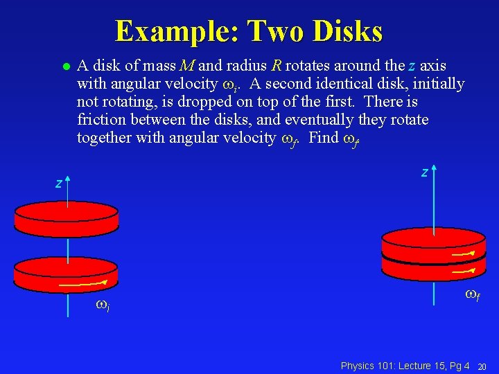 Example: Two Disks l A disk of mass M and radius R rotates around