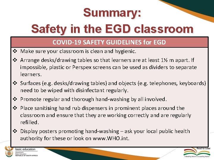 Summary: Safety in the EGD classroom COVID-19 SAFETY GUIDELINES for EGD v Make sure
