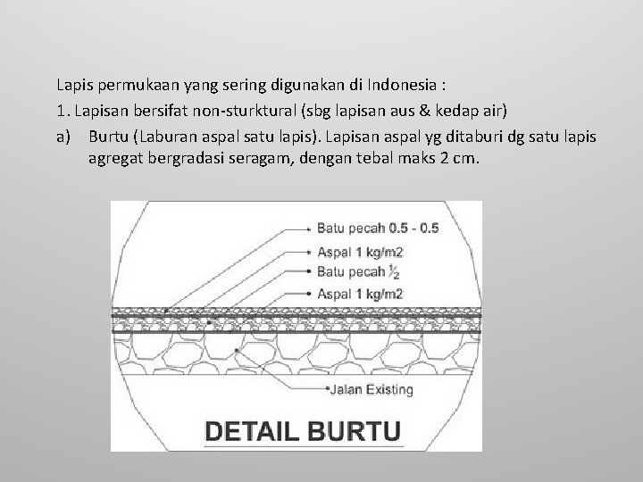 Lapis permukaan yang sering digunakan di Indonesia : 1. Lapisan bersifat non-sturktural (sbg lapisan