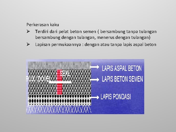 Perkerasan kaku Ø Terdiri dari pelat beton semen ( bersambung tanpa tulangan bersambung dengan