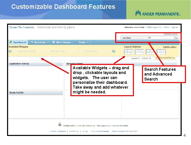 Customizable Dashboard Features Available Widgets – drag and drop , clickable layouts and widgets.