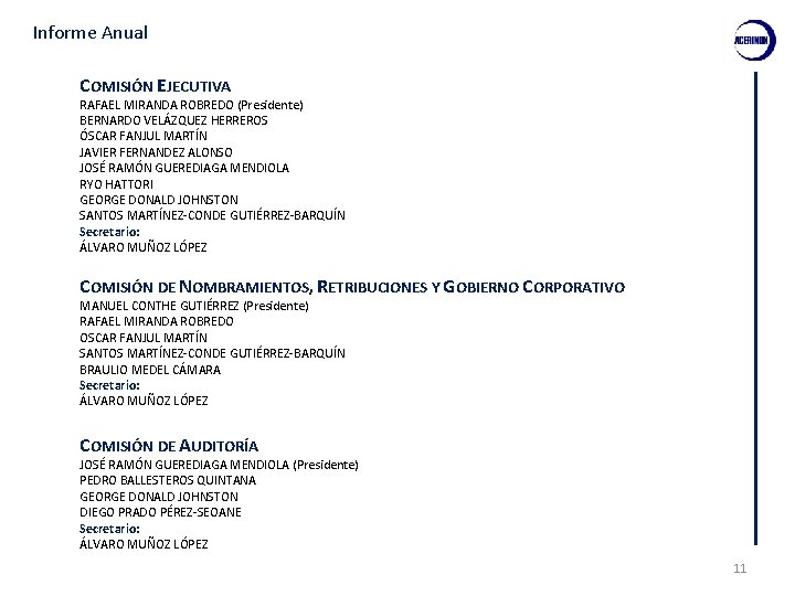 Informe Anual COMISIÓN EJECUTIVA RAFAEL MIRANDA ROBREDO (Presidente) BERNARDO VELÁZQUEZ HERREROS ÓSCAR FANJUL MARTÍN