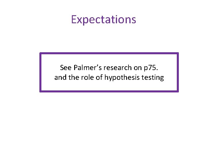 Expectations See Palmer’s research on p 75. and the role of hypothesis testing 