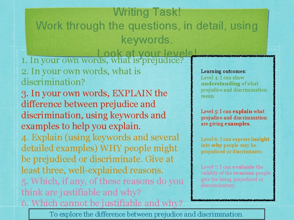 Writing Task! Work through the questions, in detail, using keywords. Look at your levels!