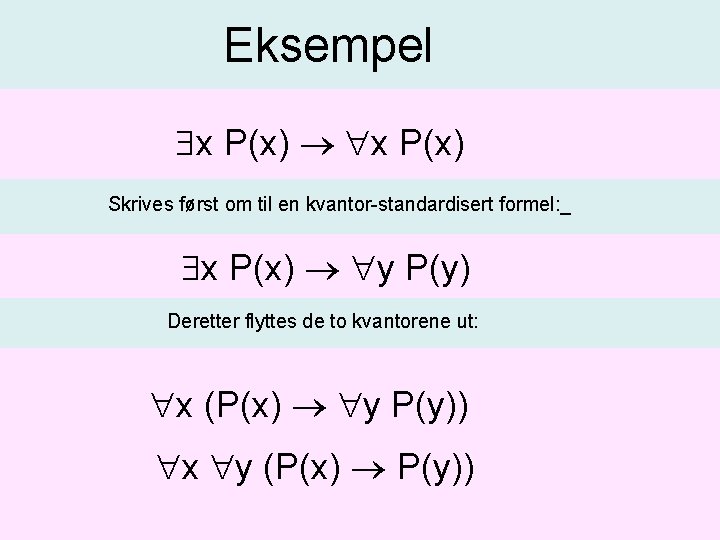Eksempel x P(x) Skrives først om til en kvantor-standardisert formel: _ x P(x) y Eksempel x P(x) Skrives først om til en kvantor-standardisert formel: _ x P(x) y