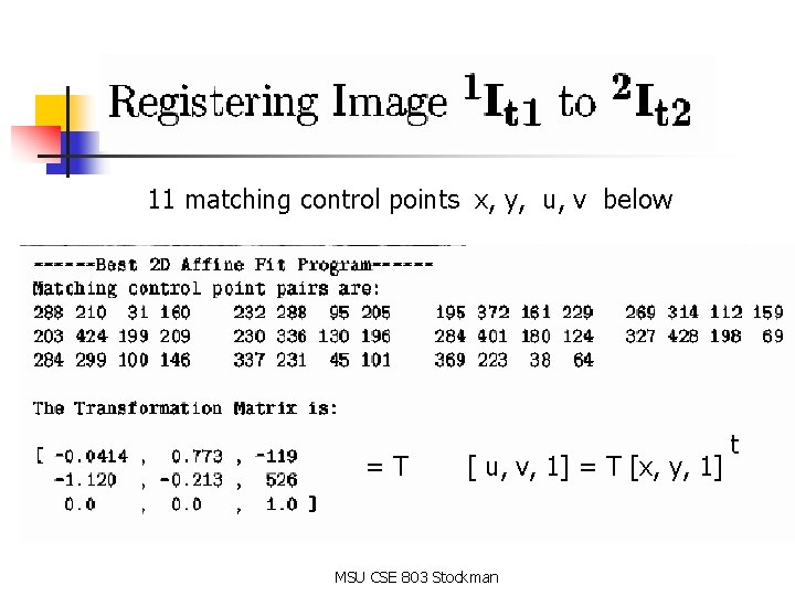 11 matching control points x, y, u, v below =T [ u, v, 1]