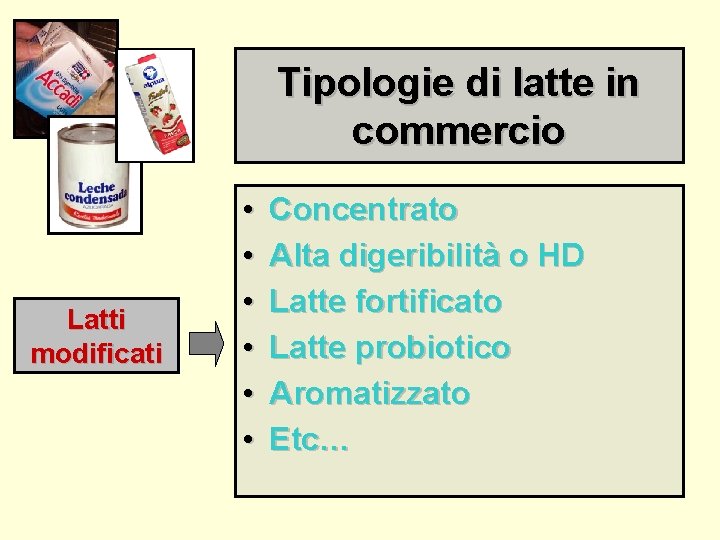 Tipologie di latte in commercio Latti modificati • • • Concentrato Alta digeribilità o