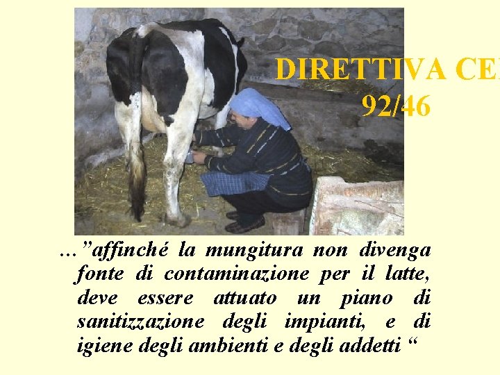 DIRETTIVA CEE 92/46 …”affinché la mungitura non divenga fonte di contaminazione per il latte,