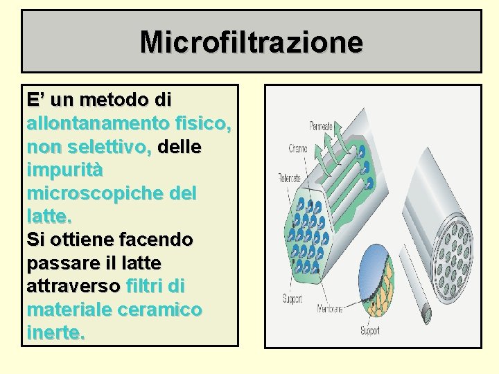 Microfiltrazione E’ un metodo di allontanamento fisico, non selettivo, delle impurità microscopiche del latte.